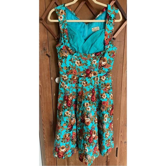 Lindy Bop Ophelia red floral turquoise sleeveless flare dress - Picture 1 of 9